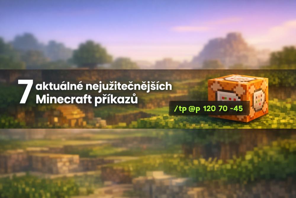 7 aktuálně nejužitečnějších Minecraft příkazů – webový banner s command blockem a ukázkou příkazu /tp